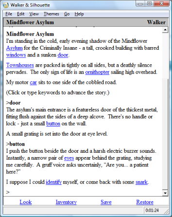 An example screenshot of Walker & Silhouette in which the player types highlighted keywords to examine a door and then push a button. The narrator then offers to identify himself or reply with snark. 